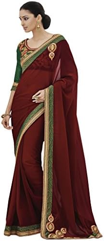 Varibha Branded Designer Indian Pakistani Georgette Red Green With Lace Heavy Saree ( Best Gift For Mom, Wife, Sister )