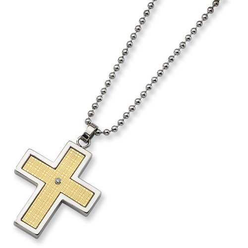 Stainless Steel 14k Gold and Diamond Accent Cross Necklace