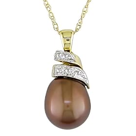 10K Yellow Gold 6-7mm Cultured FW Chocolate Pearl and Diamond Pendant