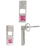 IMAGE OF Sterling Silver Matte-finish Bar Earrings (12mm tall) & Pendant Slide (14mm tall) Set, w/ Princess Cut Pink Tourmaline-colored CZ Stones