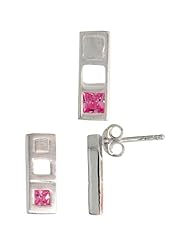 Sterling Silver Matte-finish Bar Earrings (12mm tall) & Pendant Slide (14mm tall) Set, w/ Princess Cut Pink Tourmaline-colored CZ Stones