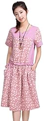 Floral Print Short Sleeves Cotton/Linen  Dress