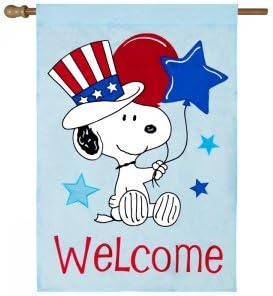 PEANUTS SNOOPY PATRIOTIC WELCOME FLAG~APPLIQUE~SIZE 28x40~BALLOONS