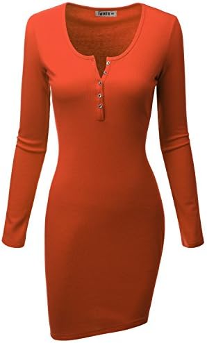 Doublju Women Trendy Longsleeve Regular Fit Stretchy Henley Dress ORANGE,2XL