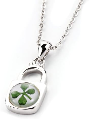 Premium Four Leaf Clover Lock Pendant with Certificate and Silver Chain,Casual or Formal wear for Ladies Fashion accessories, always in fashion, best ideal gift for college graduation, symbolizes independent