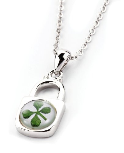 Premium Four Leaf Clover Lock Pendant with Certificate and Silver Chain,Casual or Formal wear for Ladies Fashion accessories, always in fashion, best ideal gift for college graduation, symbolizes independent