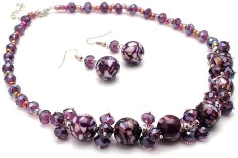 Amethyst Purple Mosaic Marble and Crystal Cluster Jewelry Set
