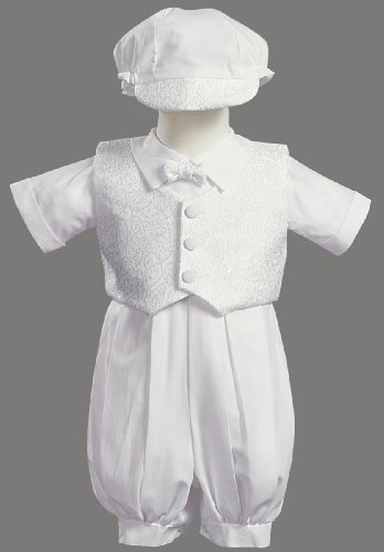 White Poly Cotton Christening Baptism Romper Set with Vest and Hat