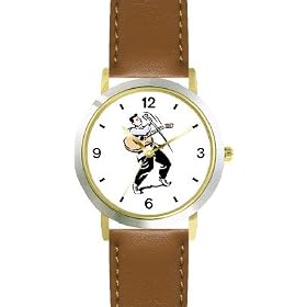 Singer with Guitar Imitating A Famous Rock & Roll Star (Cartoon) - WATCHBUDDY� DELUXE TWO-TONE THEME WATCH - Arabic Numbers - Brown Leather Strap-Size-Children's Size-Small ( Boy's Size & Girl's Size )