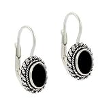 Sterling Silver .925 Scarab Cut Genuine Onyx Stone Oval Twist Border Dangle LeverBack Lever Back Earrings