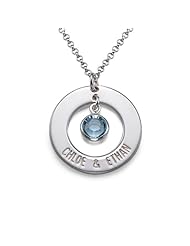 Personalized Engraved Round Necklace with Blue Charm - Custom Made with 2 Names! Free engraving!