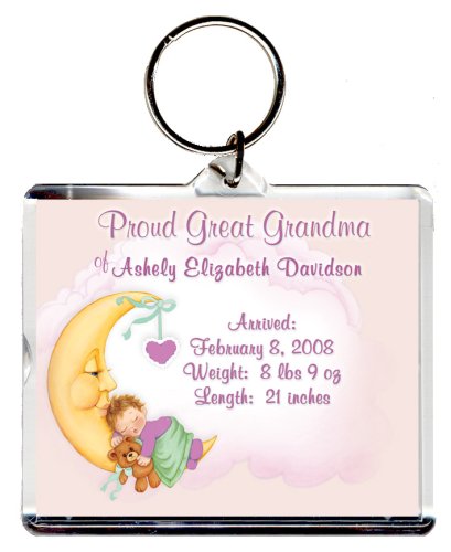 Proud Great Grandma Too Cute Birth Announcement Photo Key Chain, Personalized, 2.75 x 3.25 Baby in the Moon (Girl).
