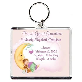 Proud Great Grandma Too Cute Birth Announcement Photo Key Chain, Personalized, 2.75" x 3.25" Baby in the Moon (Girl).