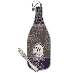 Imprinted "W Is For Wine" Tempered Glass Wine Bottle Shape Cheese Server w/ Spreader & Leather Hanging Loop