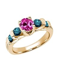 1.88 Ct Round Pink Created Sapphire Blue Diamond 14K Yellow Gold Ring