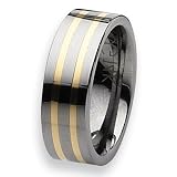 14K Gold Inlaid Flat Polished Tungsten Carbide Ring (8.0 mm) With Wood Box - Sizes 7-13