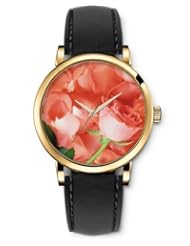 SPRAWL Aanalog Fashion Series Gold Ladies Watches of Genuine Black Leather Strap,Unique Wrist Watch for Women Girls Designed with Petal pink and orange light