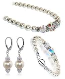 .925 Silver Crystals Pearls Bracelet Earrings Necklace