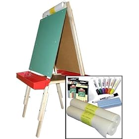 "Beka Adjustable Double Sided Easel and Supplies Combo #3, Magnetic and Chalkboard Surfaces, Top Paper Holder, Red Trays"