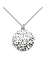 Round Floral Design Sterling Silver Double Picture Locket - Snake Chain Included