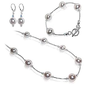 Silver Crystal White Faux Pearl Bracelet Earrings 14" to 24" Necklace Set