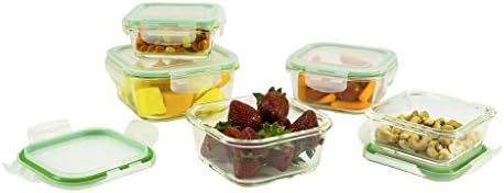5 Piece Square Glass Containers with Airtight Locking Lids (Microwave, Freezer and Dishwasher Safe)