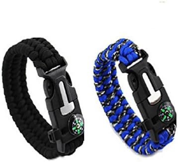 Emergency Survival Paracord Bracelet Outdoor Survival Kit Parachute Cord Compass Flint Fire Starter Scraper Whistle for Hiking Camping Emergency 2 Pack (Black Blue)