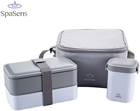 3-Piece Microwavable Lunch Box Set-SpaSens-Bento Box Set with 2-Layer Lunch Box Containers, Sealing Band, Sealing Cup, & Cooler Bag, Spoon & Chopsticks Included, BPA Free