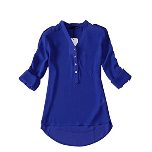 Sunward Women Summer Autumn V-neck Long/half Sleeve Casual Chiffon Shirt Blouse (L, blue)