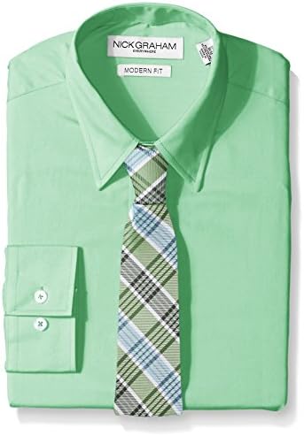 Nick Graham Everywhere Men's Solid Dress Shirt with Green Plaid Tie, Green, Small/Regular