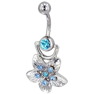 Pugster Mothers Day Gifts Belly Button Rings Light Blue Crystal Open Flower Belly Navel Ring Body Jewelry