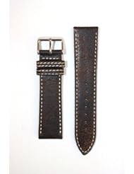 20mm Brown Bomber Leather Style Watchband With Heavy S/S Buckle And Double Contrast Stitching