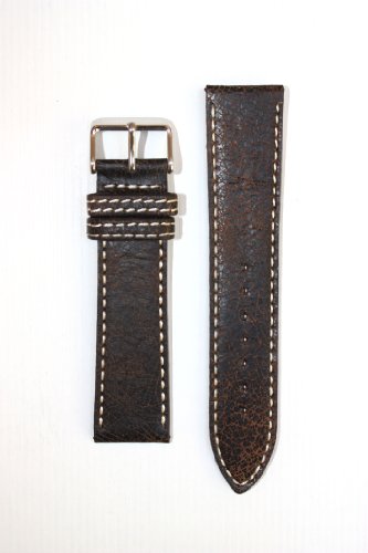 20mm Brown Bomber Leather Style Watchband With Heavy S/S Buckle And Double Contrast Stitching