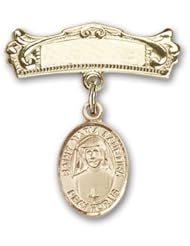 14K Gold Baby Badge with St. Maria Faustina Charm and Arched Polished Badge Pin