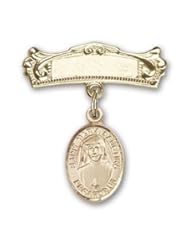 Gold Filled Baby Badge with St. Maria Faustina Charm and Arched Polished Badge Pin