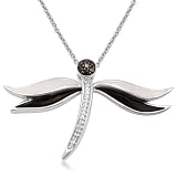 Sterling Silver Black and White Diamond Dragonfly Enamel Pendant (1/7 cttw, I-J Color, I3 Clarity), 18