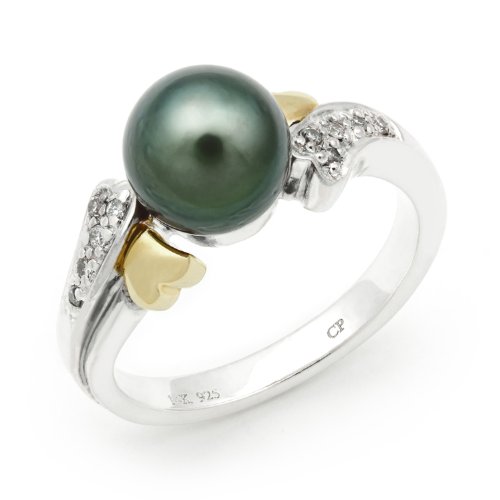 8-9mm 3/4 Cut Tahitian Black Pearl and Sterling Silver Ring with 14K Yellow Gold and Diamond Beveled Ends