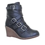 Womens Biker Leather Style Fur Wedge Heel Boots SIZE 3-8