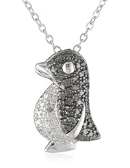 Plated Brass Gunmetal Color Black and White Diamond-Accent Penguin Pendant Necklace, 18"