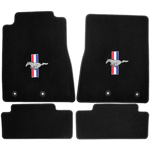 2013 & 2014 Mustang Front & Rear 4pc Black Charcoal Floor Mats with Running Horse & Tribar Logo Embroidery