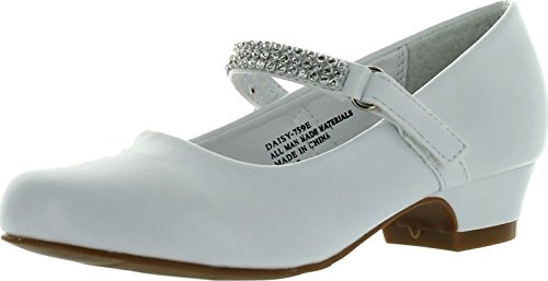 Little Angel BC79 Leatherette Round Toe Rhinestone Velcro Strap Kiddie Heel Pump (Toddler/ Little Girl/ Big Gril) - White (Size: Big Kid 4)