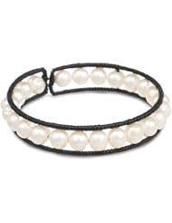 Black Leather Wire 7-7.5mm Potato Freshwater Cultured Pearl Bangle Bracelet, 8"