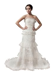 Strapless Satin  Applique Lace-Up Beaded Mermaid Spring Fall  Dress with a Chapel Train  With Ruffles