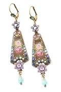 Vintage Style Michal Negrin Stunning Dangle Triangle Earrings Beautifully Made with Roses Bouquet Cameo, Hand Painted Flowers Enhanced with Purple, Blue and Green Swarovski Crystals