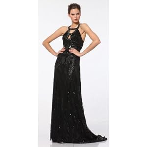 3076 BLACK SEQUINCE SATIN HALTER LONG GOWN