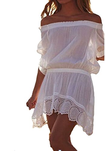 ITFabs Ladies See Through Off The Shoulder Bikini Cover up Beach Dress White