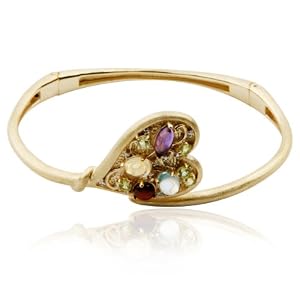 18k Yellow Gold Plated Sterling Silver Multi-Gemstone Heart Bangle Bracelet by