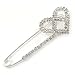 Rhodium Plated Clear Crystal Heart Safety Pin Brooch - 85mm L