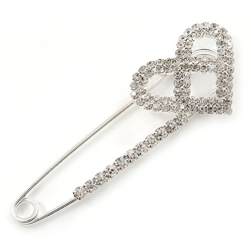 Rhodium Plated Clear Crystal Heart Safety Pin Brooch - 85mm L
