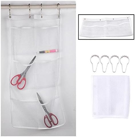 6 Mesh Pockets Bathroom Organizer Hang on Shower Curtain Hanger Storage 4 Hooks